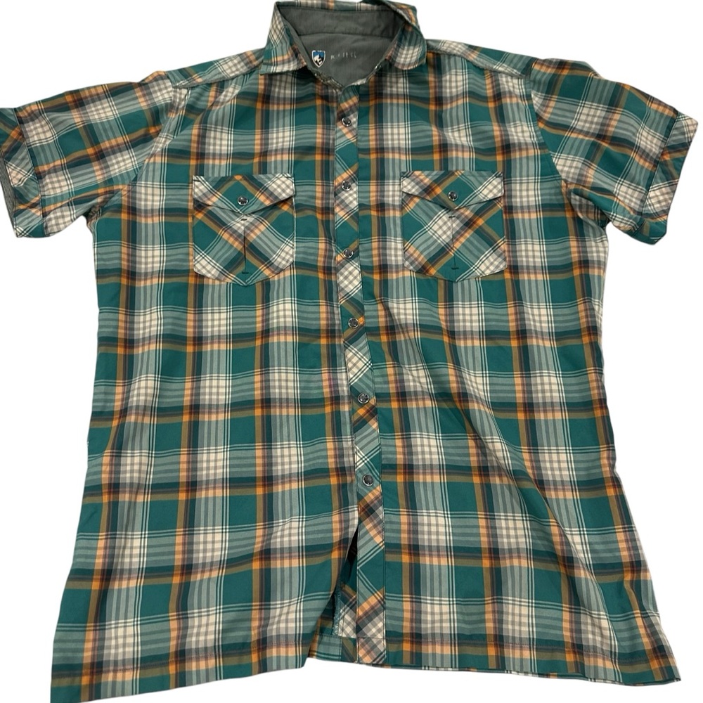 Kuhl Short Sleeve Plaid Button-Up Shirt in Teal, Cream & Gold